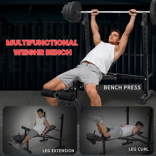MAIDOMA Standard Weight Bench Set with Leg Extension and Leg Curl, Adjustable Bench Press Set with Squat Rack, Foldable Flat Incline Decline Workout Bench for Home Gym Full Body(US Stock)