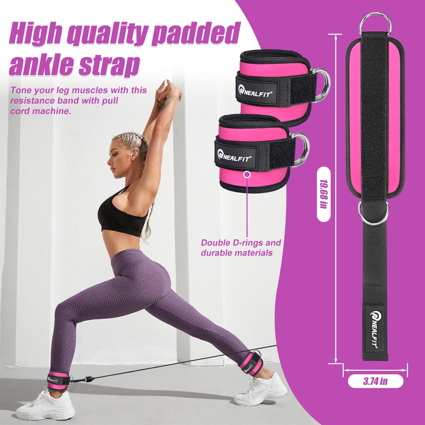 NEALFIT Ankle Strap for Cable Machine, Gym Ankle Cuff for Kickbacks, Leg Extensions, Glute Workouts, Booty Hip Abductors Exercise for Women and Men (Pink, Pair)