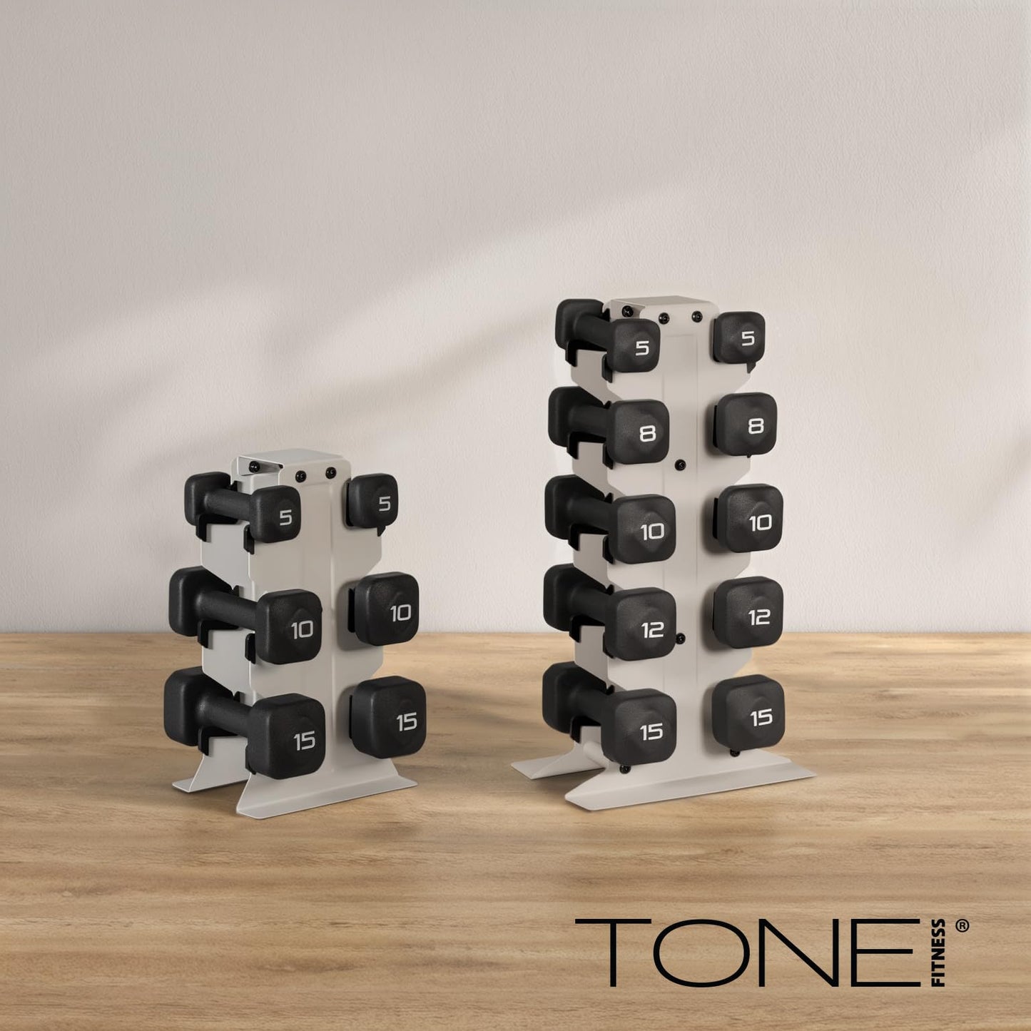 Tone Fitness 60 LB Neoprene Dumbbell Set with Storage Rack – Non-Slip, Anti-Roll Hand Weights for Home Gym Workouts | Light Gray Rack and Blue Dumbbells