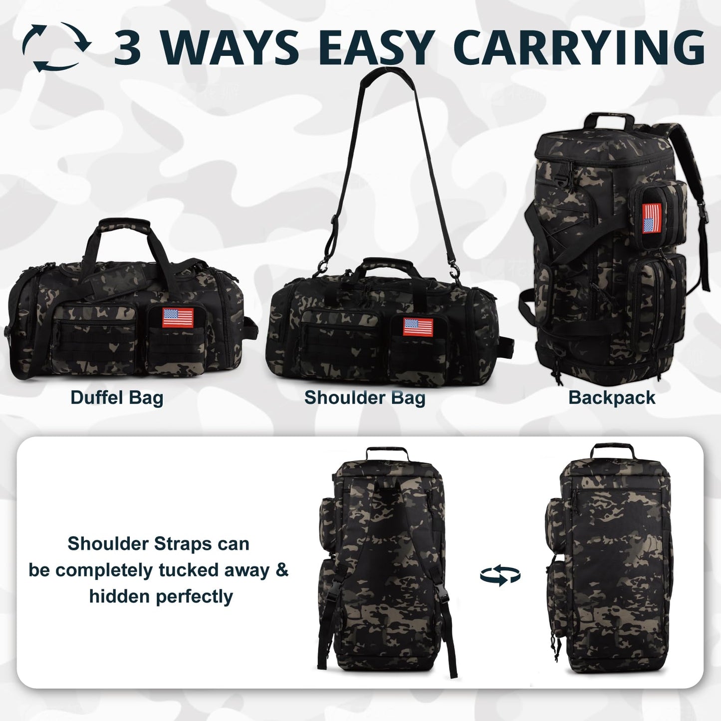 Tactical Gym Bag for Men，70L Large 3 in 1 Sports Duffle Bag with Shoes Compartment for Travel,Water Resistant Travel Backpack Weekender Overnight Bag with Wet Pocket for Women