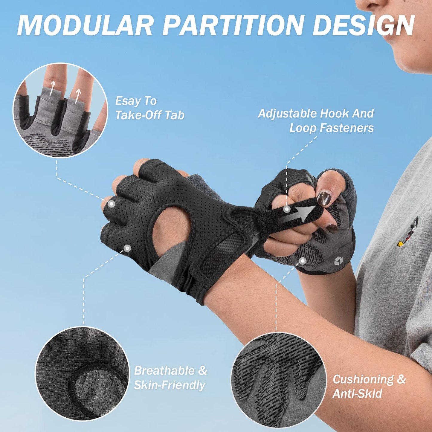 LIFECT Freedom Workout Gloves, Knuckle Weight Lifting Shorty Fingerless Gloves with Curved Open Back, for Powerlifting, Gym, Women and Men(Black, Large)