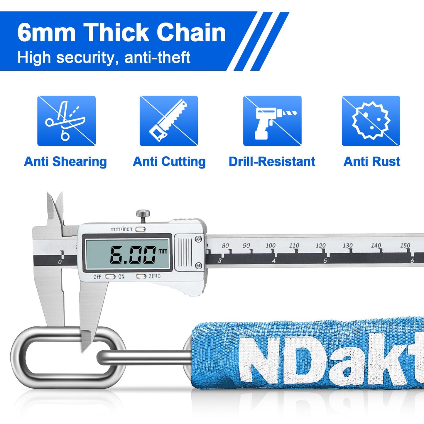 NDakter Bike Chain Lock, 5 Digit Combination Heavy Duty Anti Theft Bicycle Chain Lock,2.62/3.2/4.27/5/6Ft Long Security Resettable Bike Locks for Bike, Bicycle, Scooter, Door, Gate, Fence-4/6mm Thick