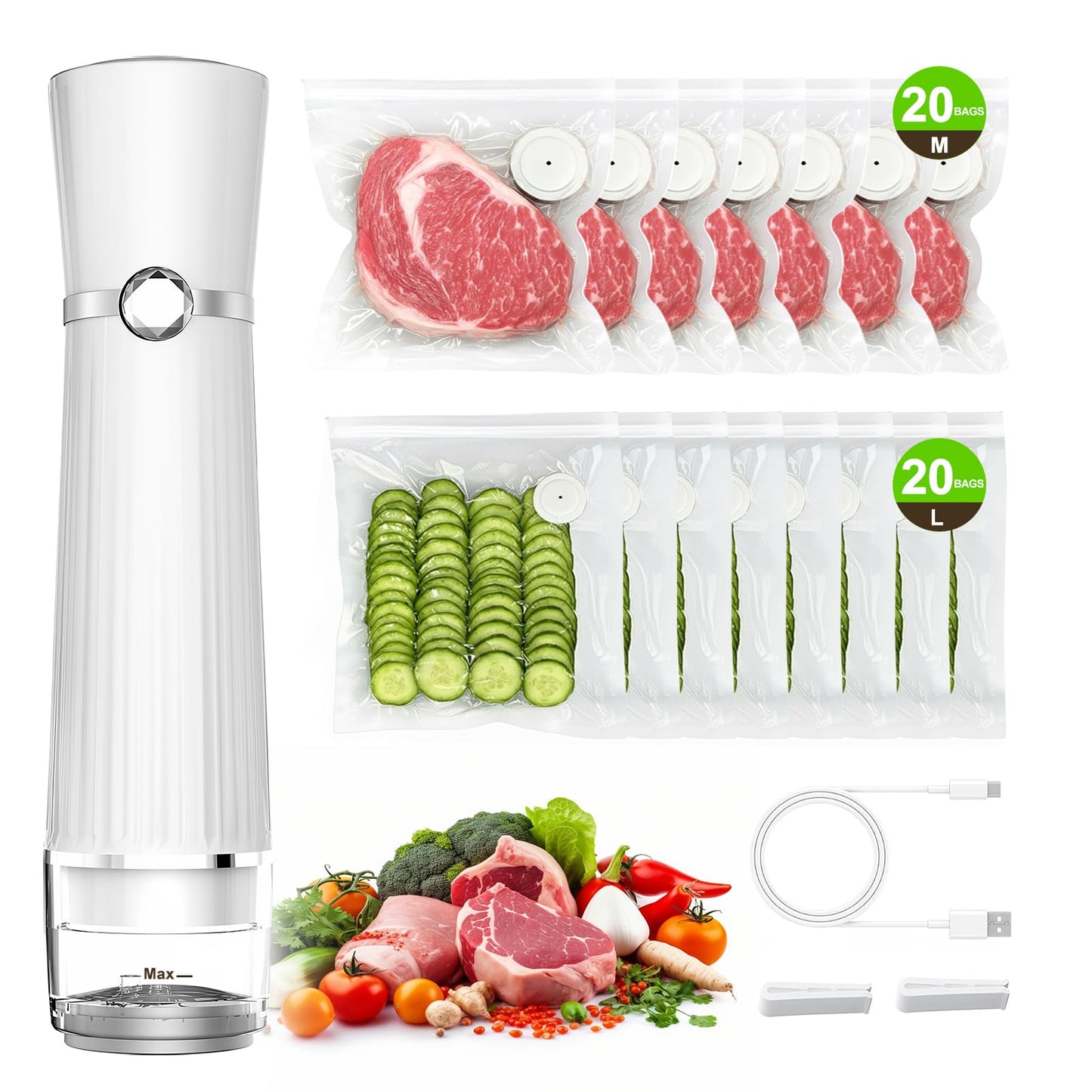 Jexqizy Vacuum Sealer for Food (Compact Vacuum Sealer Machine + 40 Reusable Vacuum Bags), Powerful 80Kpa Portable Vacuum Sealer for 10X Preservation & Fresh, Handheld Vacuum Food saver