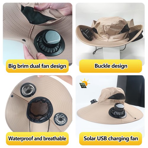 Solar Fan Hat, Solar Powered Fan Hat with 2 Solar, Wide Sun Hats for Men Women, Outdoor Hiking Camping with Fishing Hat Beige
