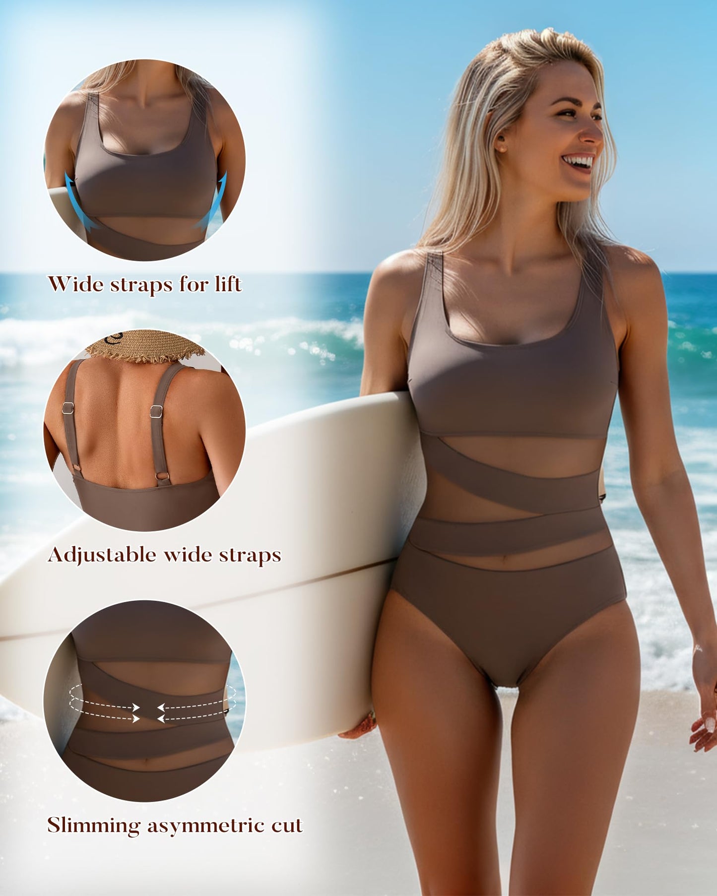 B2prity Women's Mesh One Piece Swimsuit Tummy Control Sexy Bathing Suit Push Up Swim Suit Slimming Swimwear Black