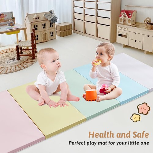 Wansenya 5 Folding PU Gymnastics Mats for Tumbling,Foldable Exercise Tumble Mat for Home Gyms,Durable Gymnastics Tumbling Mats with Carrying Handles for Home Activity Play,Macaron Color
