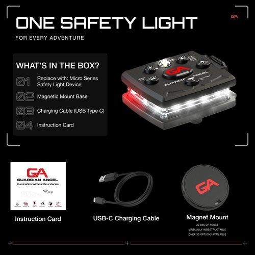 Guardian Angel Micro Series Safety Lights, (All White Front & Red Rear) | Rechargeable, Magnetic & Hands-Free Wearable LED Flashlight for Dog Walking, Cycling, Hiking, Camping & Fishing