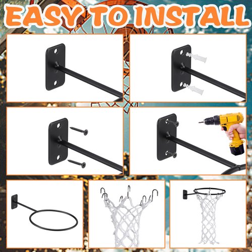 RoundFunny 2 Pcs Basketball Holder Wall Mount Ball Stand Display Storage Rack with Net and Hooks Sports Accessories Organizer for Football Soccer Volleyball Display