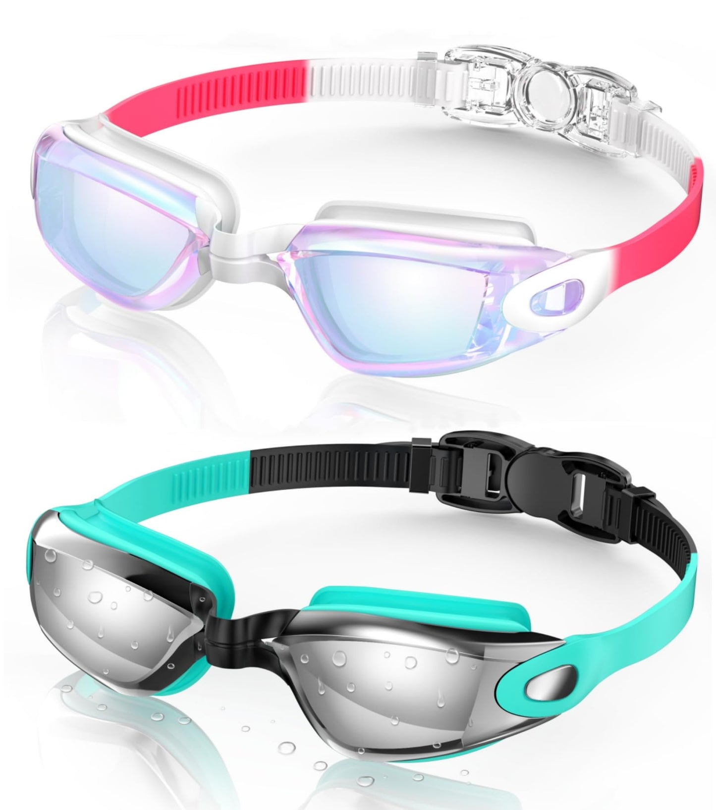 Aegend Swim Goggles, 2 Pack Swimming Goggles No Leaking Adult Men Women Youth, Raspberry-red White & Light-blue Silver