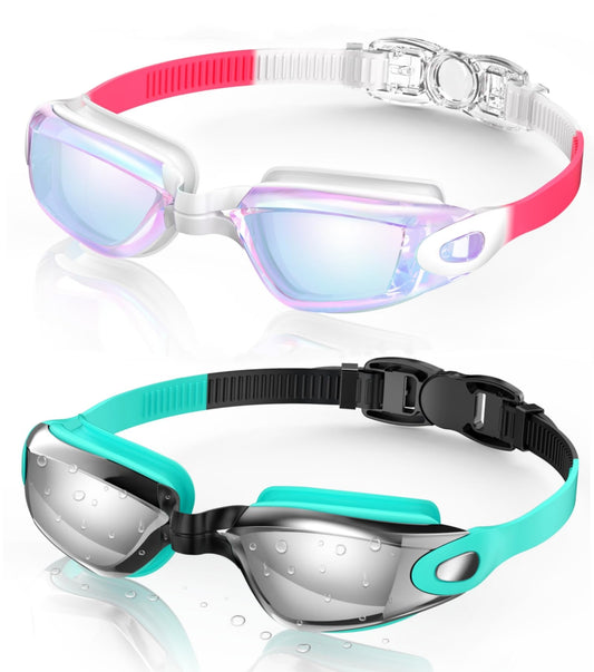 Aegend Swim Goggles, 2 Pack Swimming Goggles No Leaking Adult Men Women Youth, Raspberry-red White & Light-blue Silver