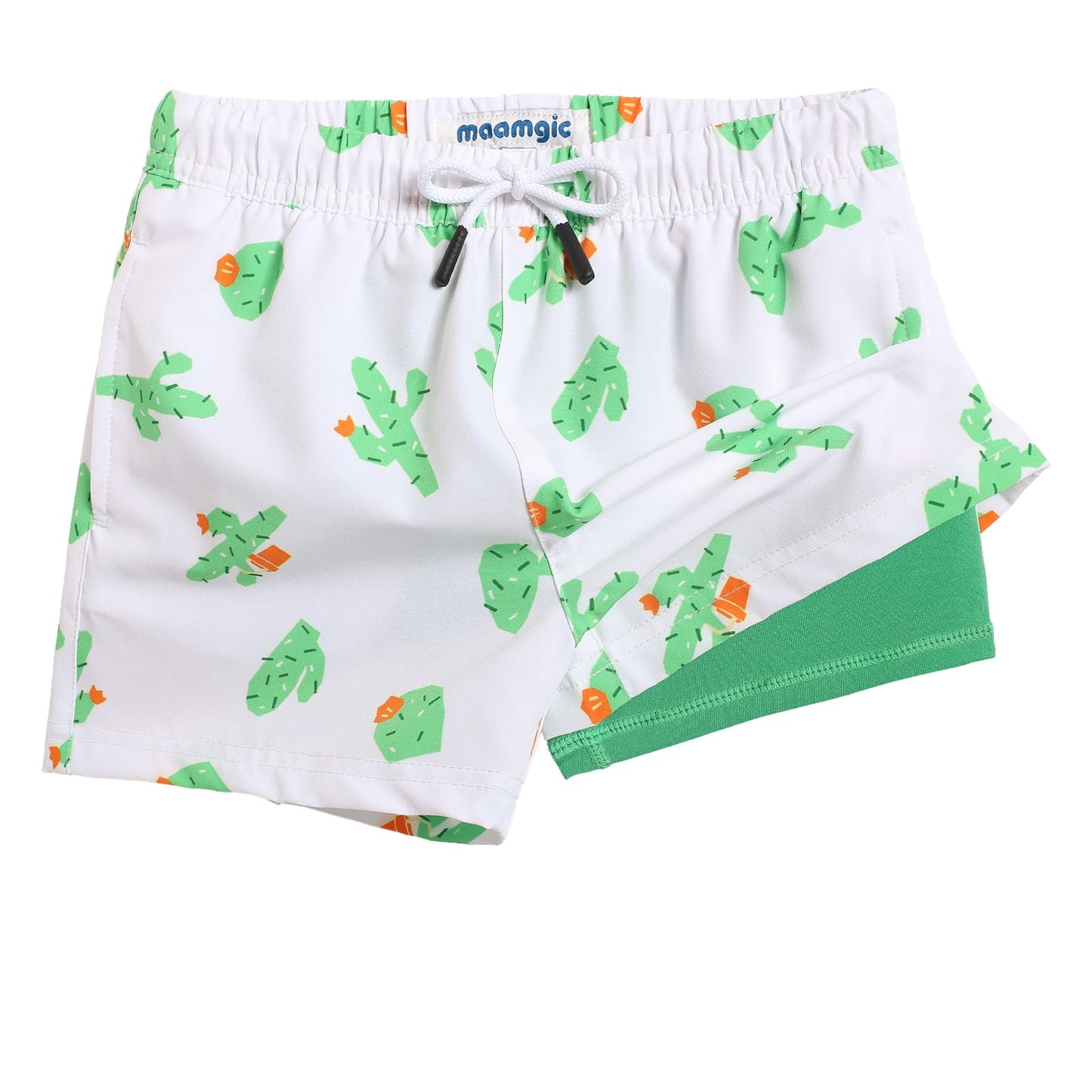maamgic Boys Swim Trunks with Compression Liner Toddler Boy Swimsuit Quick Dry 4-Way Stretch Swimming Trunks Cactus White 2T