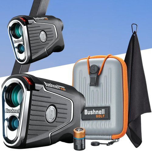 Bushnell Golf Pro X3+Link Laser Rangefinder | Slope & Wind Compensation, Magnetic Mount, Waterproof, 7X Magnification, PinSeeker, 1300 Yd Range, 3D Flyovers in App, Signature Series Golf Towel Bundle