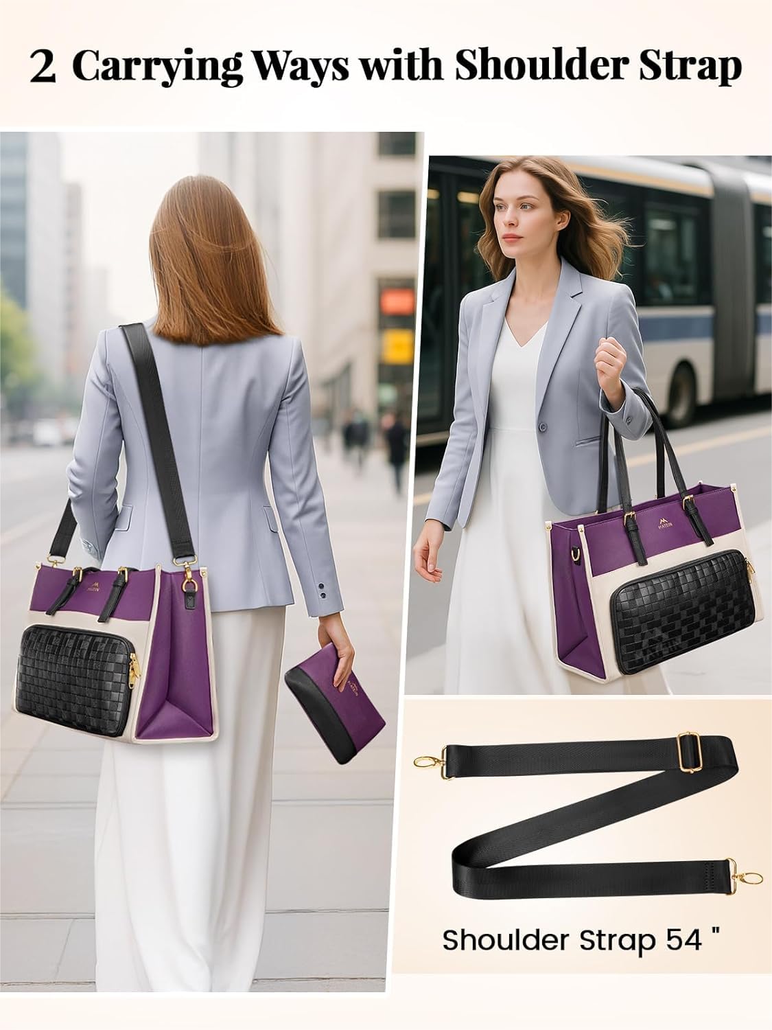 MATEIN Lunch Tote Bag for Women, 15.6 Inch PU Leather Laptop Briefcase with Insulated Lunch Compartment, Large Capacity Professional Computer Work Handbag with Purse for Office Nurse Teacher, 2 Sets