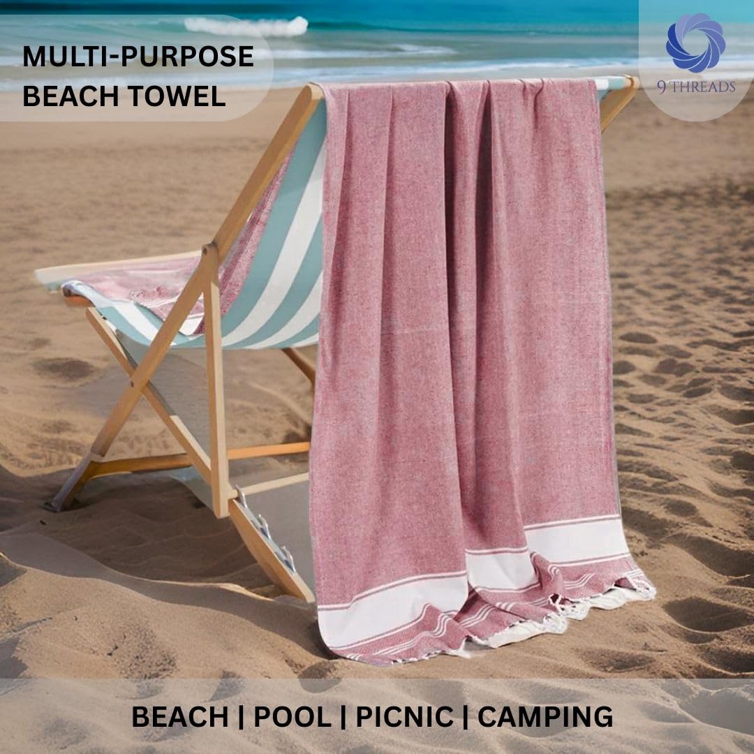 9Threads Cotton Turkish Beach Towel with Towels Oversized 36"x72" Pool Absorbent Extra Large Quick Dry Sand Travel Towel (Tomato Red, 2 Pack)