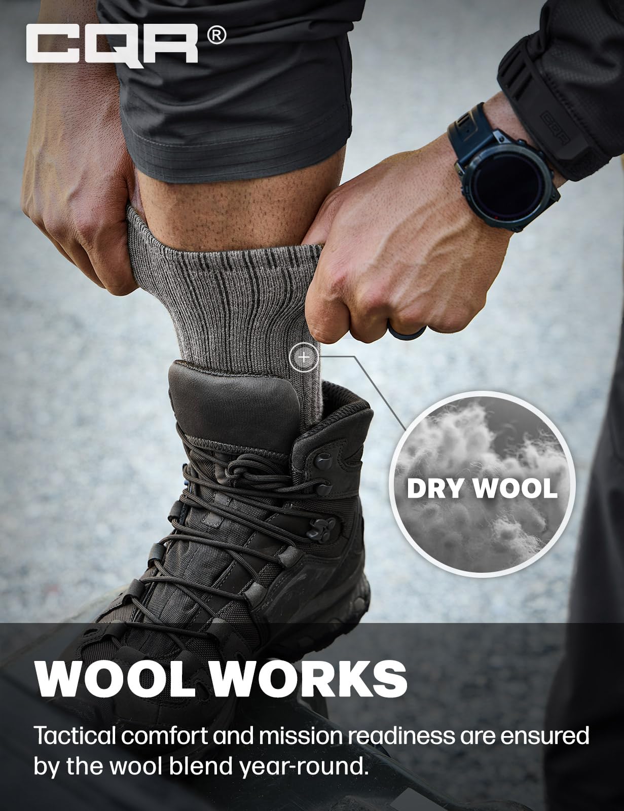 CQR 3 Pack Men and Women Wool Hiking Mid Calf Crew Socks, Moisture Wicking Breathable Outdoor Tactical Cushion boot Socks, Rex Tac 8.5in Light Grey, Medium