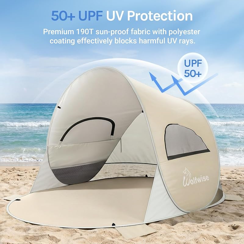 Wolfwise 3 Person Pop Up Beach Tent - Beige, Easy Setup Sun Shade Shelter