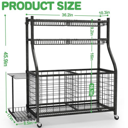 CaMecequter Garage Sports Equipment Organizer with 4 Baskets & 6 Hooks - Heavy Duty Freestanding Ball Storage for Basketball, Soccer & Outdoor Toys (Black)
