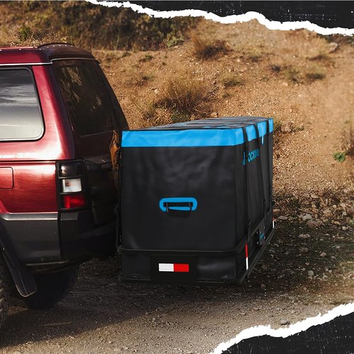 Mockins 25 Cu.Ft. Large Trailer Hitch Cargo Carrier Bag | 60"x24"x31" Soft-Shell Vinyl Cargo Bag for Hitch Carrier | Weatherproof Car Storage Bag | Waterproof Truck Bed Storage Set w/Accessories