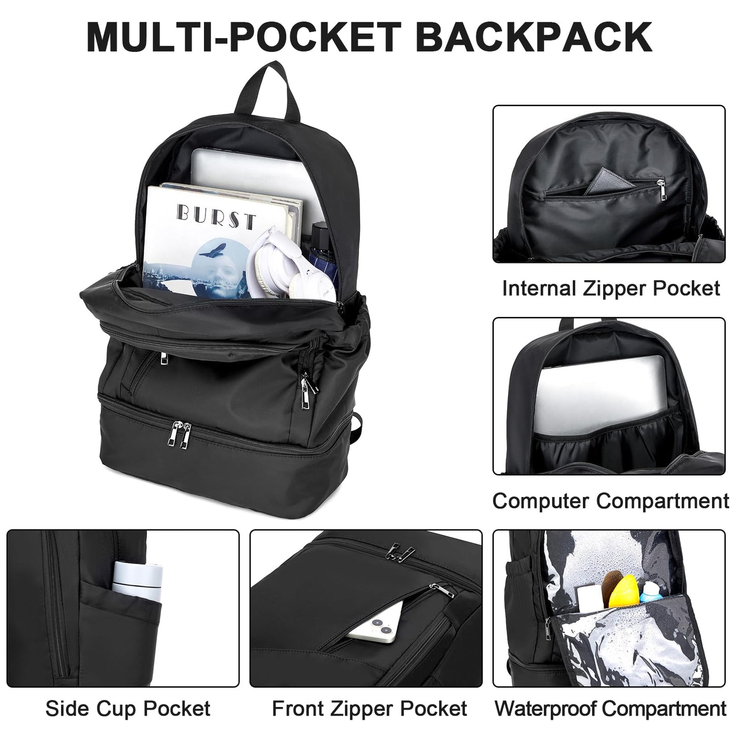 seyfocnia Large Gym Backpack for Men,Waterproof Travel Backpack With Shoe Compartment Lightweight Sports Gym Bag Casual Daypack, Black