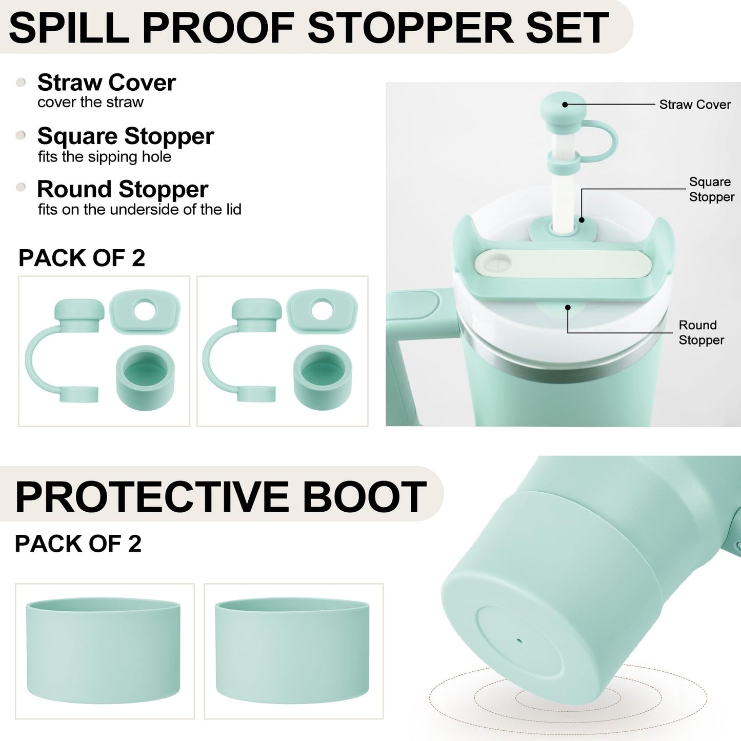 HYZ 8pcs Stanley Cup Accessories, Spill Proof Stopper & Boot Set, Seafoam