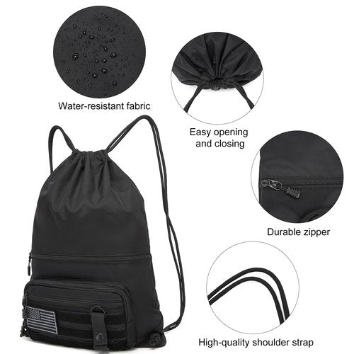 seyfocnia Drawstring Backpack Tactical String Bag with Zipper Pockets Waterproof Cinch Bag Sport Gym Sackpack - Black