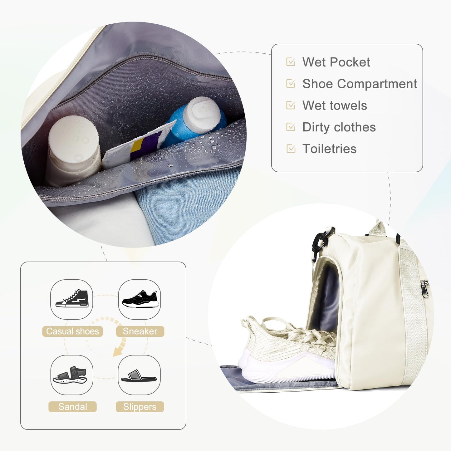 Gym Bag for Women Men with Shoes Compartment and Wet Pocket,Sport Swimming Yoga Bag,Waterproof Travel Duffel Bag Small Carry on Bag Overnight Weekender Bags Personal Item Bag for Airlines Cream White