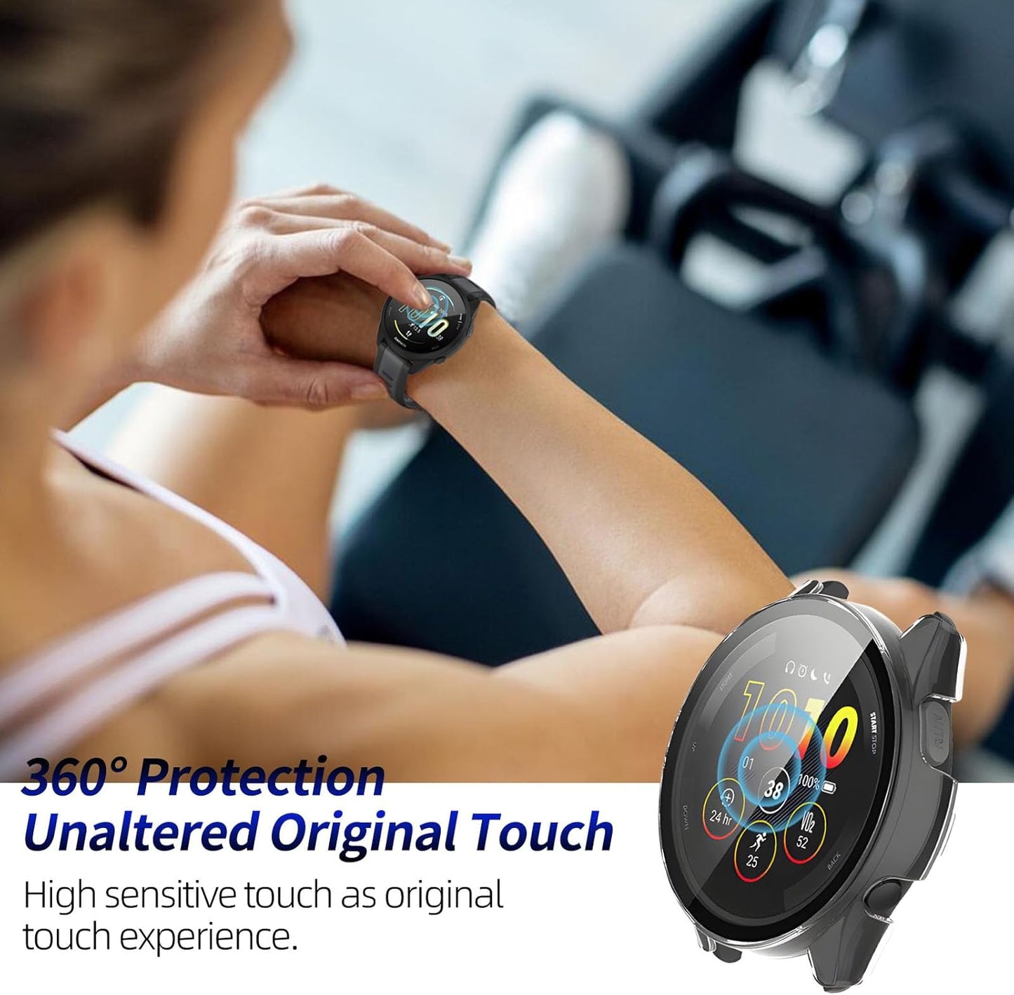2 Pack for Garmin Forerunner 165 &165 Music Screen Protector Case [Full Coverage], Hard PC Bumper All-Around Protective Accessories for Garmin Built-in Tempered Glass Film