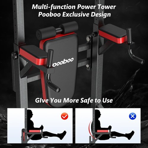 Pooboo Power Tower Dip Station Pull Up Bar for Fitness Home Gym Workout,Multi-Function Adjustable Height Fitness Strength Training Exercise Equipment (Black with Supine Board)