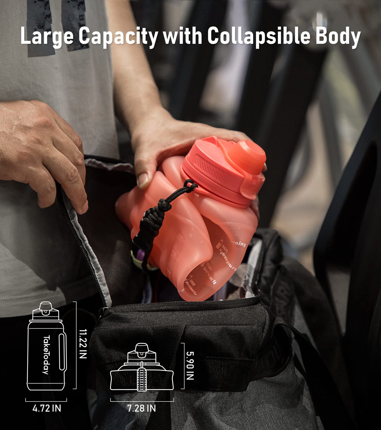 TakeToday 68 oz Collapsible Water Bottles With Straw, Half Gallon Water Bottle With Motivational Time Marker, Large Reusable Silicone Water Jug With Paracord Handle For Sports, Outdoors (Pink)