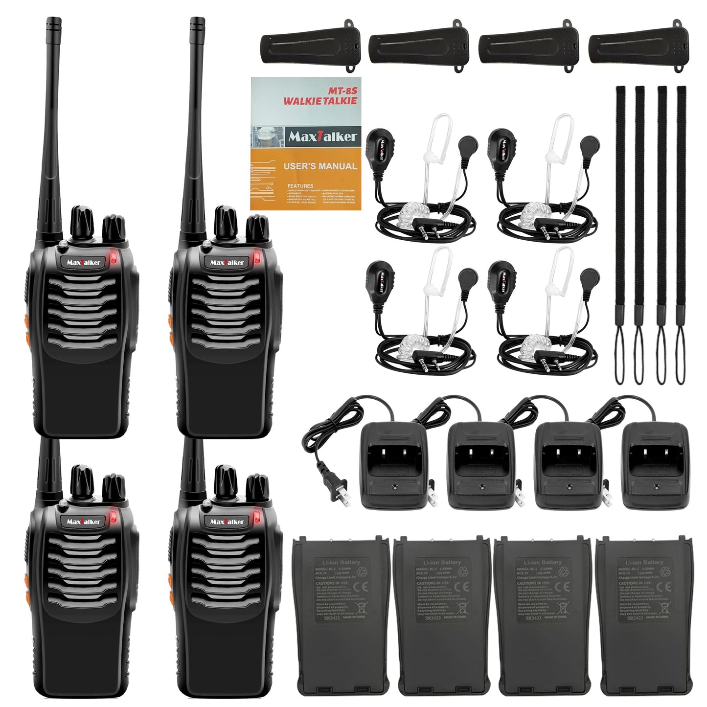 Rechargeable Walkie Talkies Long Range: MaxTalker MT-8S Walkie Talkie with Earpiece, Flashlight, VOX 1500mAh Battery, Walkie Talkies for Adults Business, Hunting Camping Essentials, 4 Pack