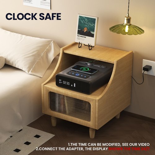 Biometric Gun Safe for Handgun, Smart Clock Safes with 2-in-1 Watch & Phone Wireless Charging, Bedside Pistol Safe with Backlit Keypad, Nightstand Handgun Safes with LED Light