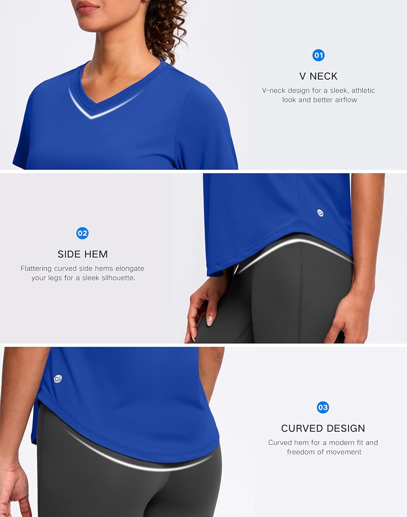 Womens V-Neck Dry Fit Workout Shirt - Short Sleeve Sun Protection, Large, Blue