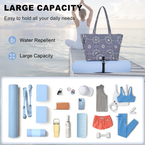 Explore Land Yoga Bags for Women with Large Pocket Pilates Tote Bag for Gym Beach Workout - Fits Water Bottles and All Size Mats(Blue)