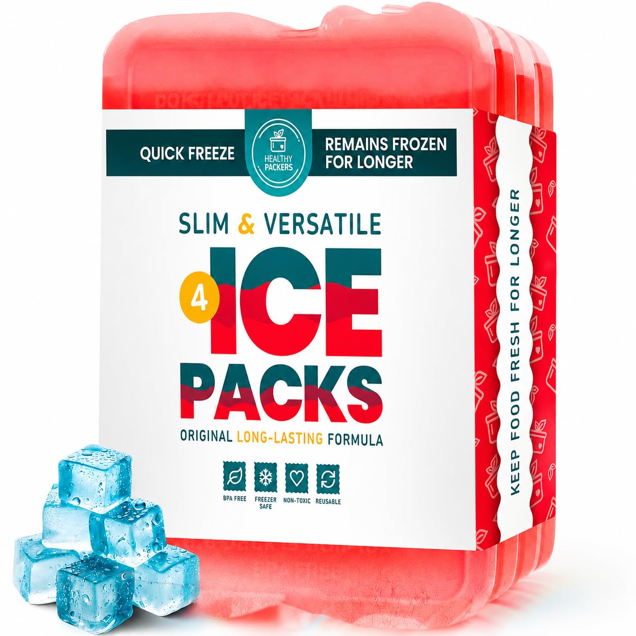 Healthy Packers Reusable Ice Packs for Lunch Bags and Coolers (Set of 4) - Slim & Long Lasting Freezer Packs for Lunch Box - Ideal Cool Pack for Lunchbox, Cooler, Cooler Bag (Red)