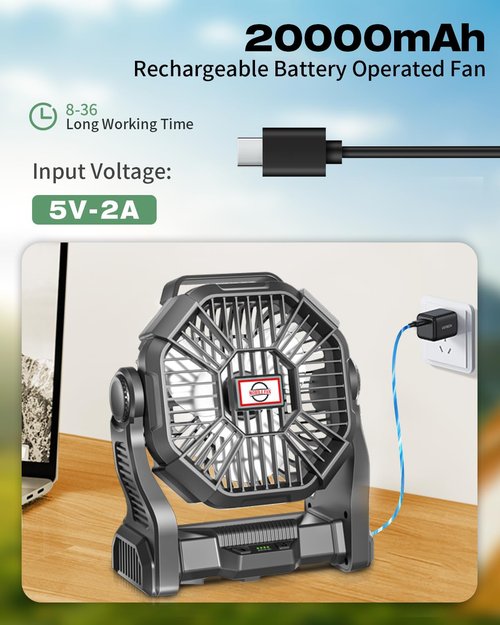 AEscod Portable Camping Fan, Rechargeable Battery Operated with LED Lights, Hanging Hook, 270°Rotation, 20000mAh Battery Powered Fan for Beach, Office, Picnic, Fishing, Travel, Tent