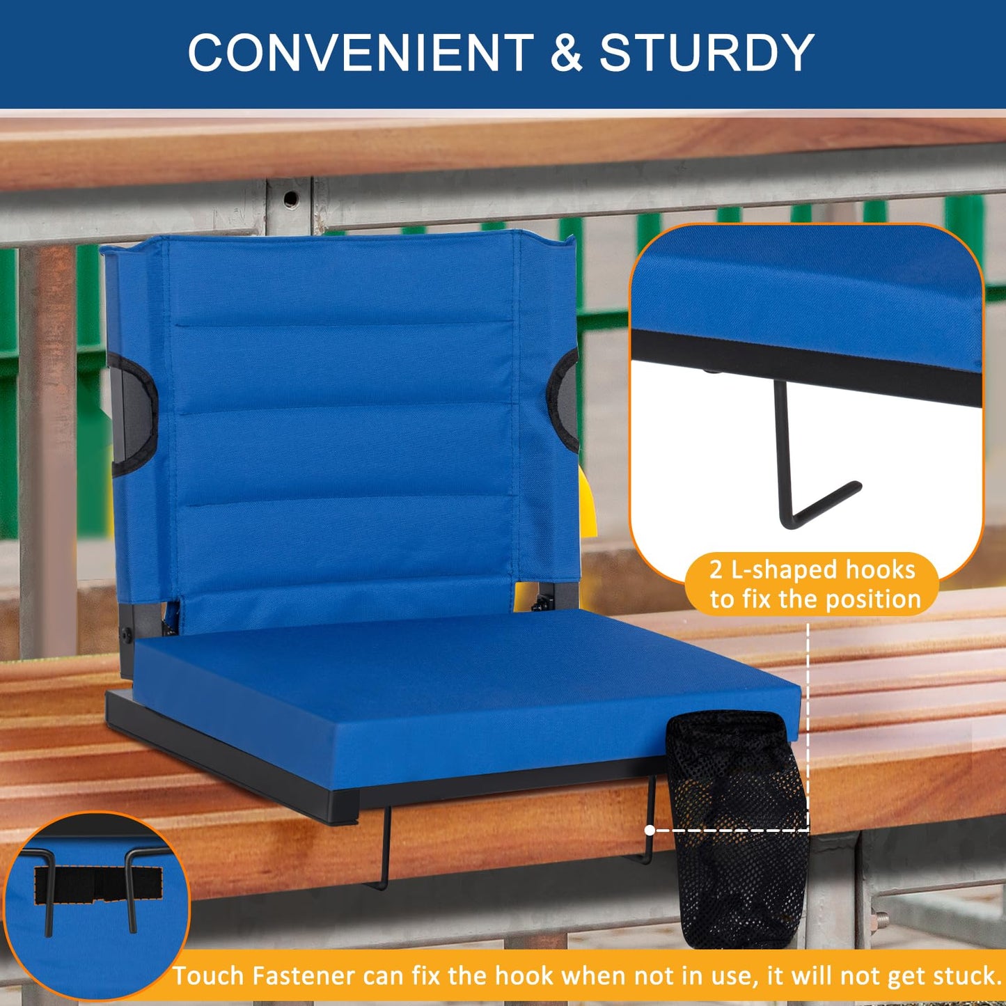 LOENIY 2 Pack Stadium Seats for Bleachers with Back Support, Bleacher Seats with Backs and Extra Thick Padded Cushion, Includes Shoulder Straps Carry Handle, and Cup Holder Side Pockets (Blue)