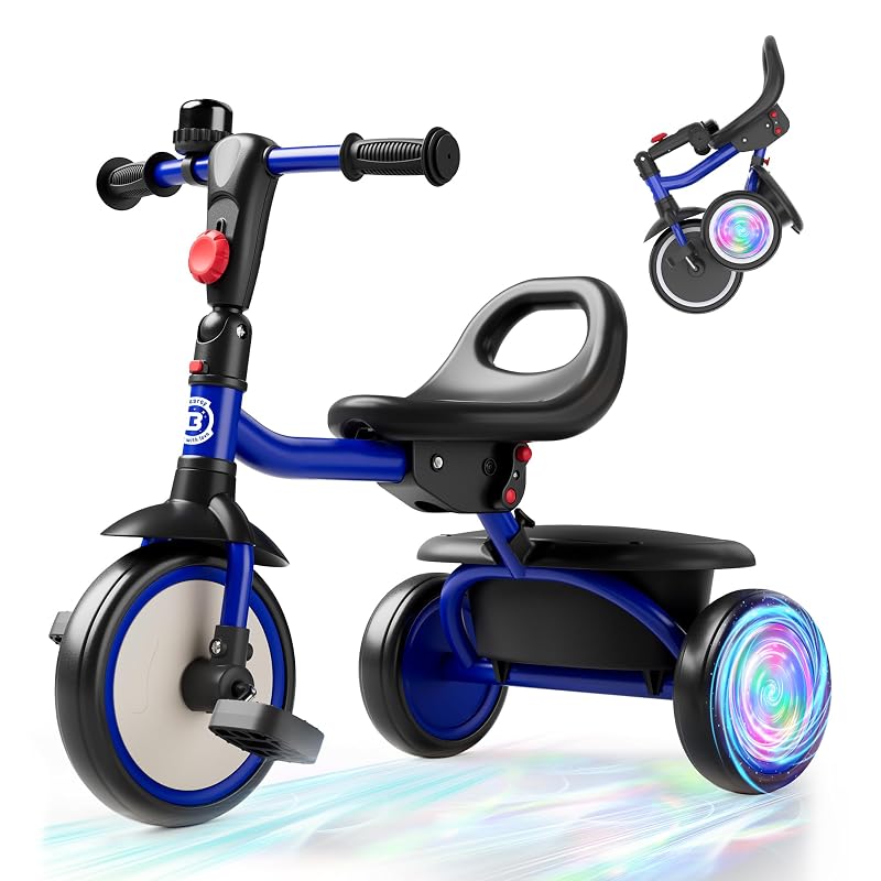 Besrey Blue Flash Wheel Tricycle for Toddlers 18 Months to 5 Years - 2-in-1 Foldable Kids Bike with Bell