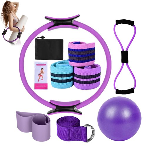 Pilates Essentials Kit for Women, 11-Piece Better Me Pilates Essentials Kit for Women, Booty Bands for Working Out Glutes Yoga Ball 25cm Figure 8 Resistance Band Yoga Bands for Stretching (Purple)