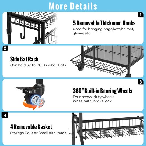 WUC Sports Equipment Organizer - Garage Ball Storage Rack with Basket, Hooks and Rolling Cart for Toy Sports Gear Storage, Black