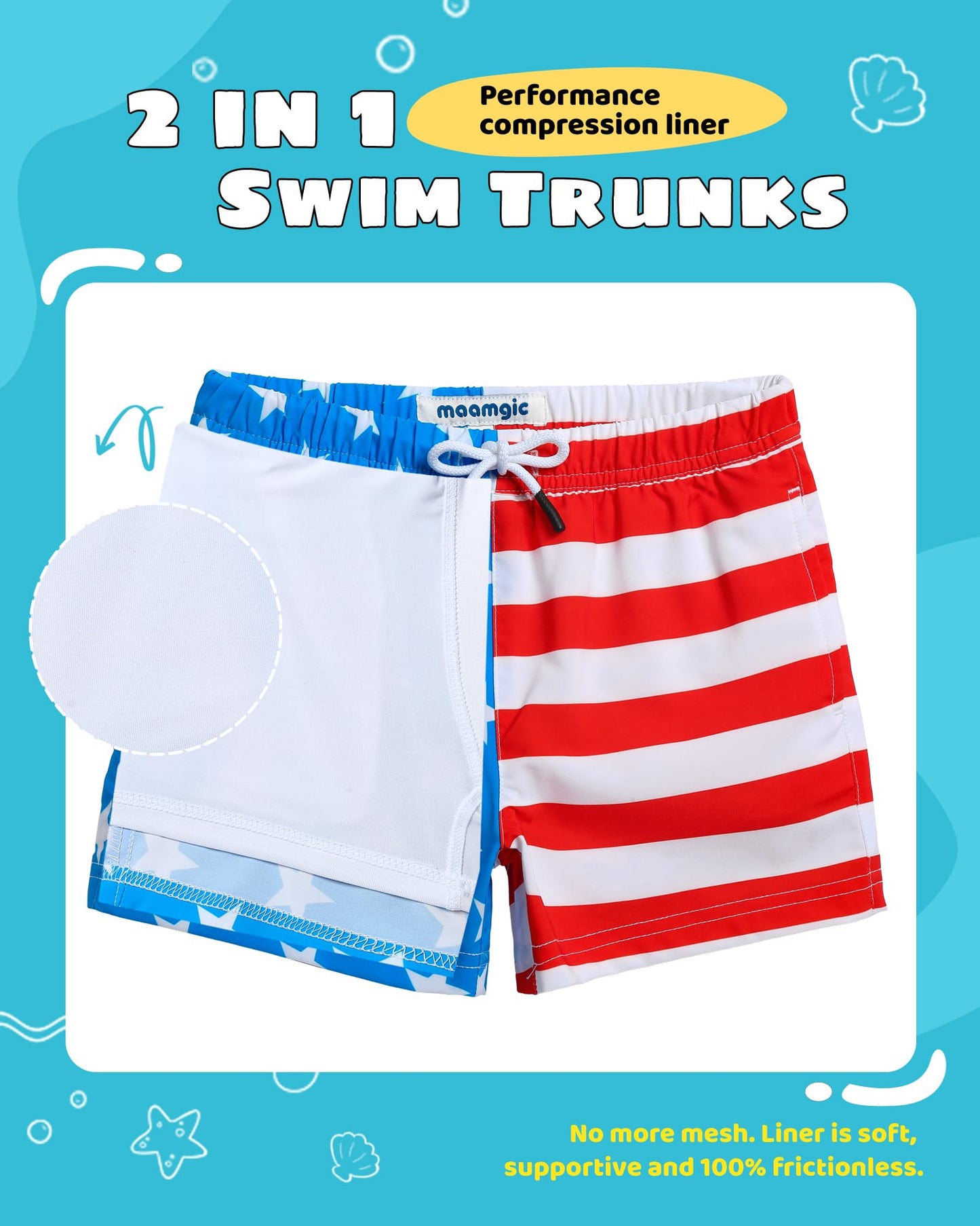 maamgic Boys Swim Trunks with Compression Liner Toddler Stretch Swim Shorts Quick Dry Swimming Trunks Boxer Brief 2 in 1 Beach Shorts American Flag 5/6