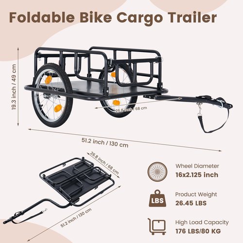 H&ZT Bike Cargo Trailer, 176 lb Load Capacity, 16″×2.125″ Pneumatic Wheels, Quick-Attach Pin Release Hitch, Anti-Rust Steel Frame with Reflectors