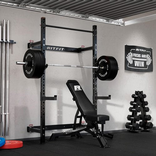 RitFit 2.36'' x 2.36'' Folding Squat Rack for Home Gym, Wall Mounted Squat Rack with Attachments - Space Saving Squat Power Rack, Black