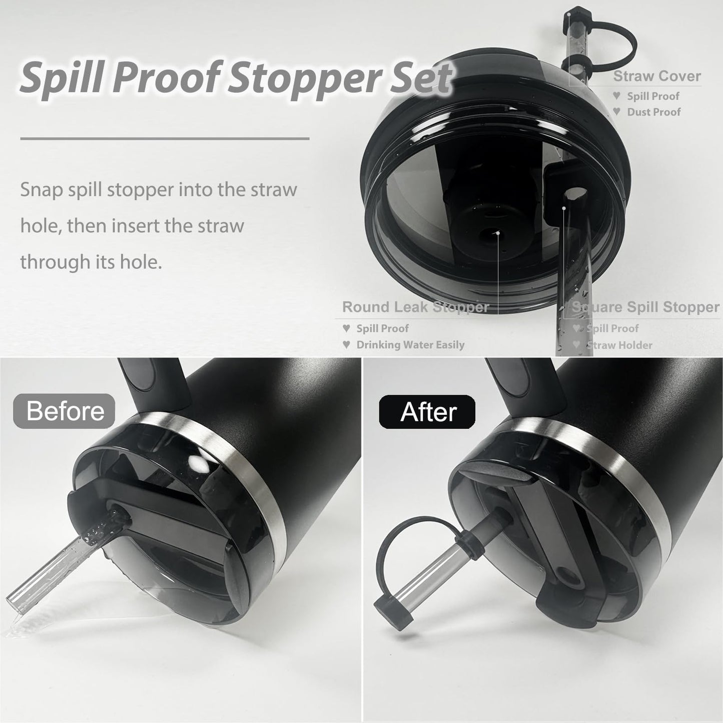 Stanley Cup Accessories Set: Silicone Spill Proof Stopper, Straw Cover Cap, Silicone Boot for 40oz & 30oz Tumbler (BLACK)