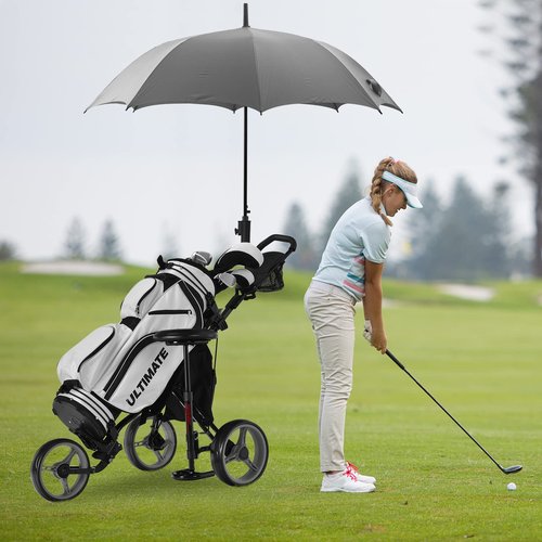 Tangkula Golf Push Pull Cart with Seat, Lightweight Foldable Collapsible 3 Wheels Push Cart, Golf Trolley with Foot Brake, Adjustable Umbrella Holder & Seat, 4 Height Position Handle