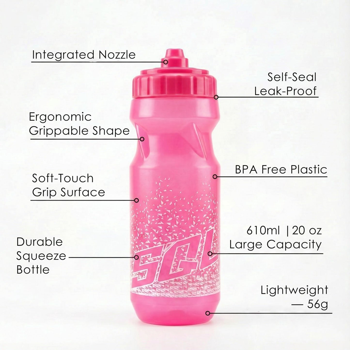 SQUALO Cycling Water Bottle 20oz / 610ml – Ultra-Lightweight 56g Squeeze Bike Bottle with Self-Sealing High Flow Nozzle – Leak-Proof, BPA-Free, Ergonomic Fit for Road & Mountain Biking (Pink)