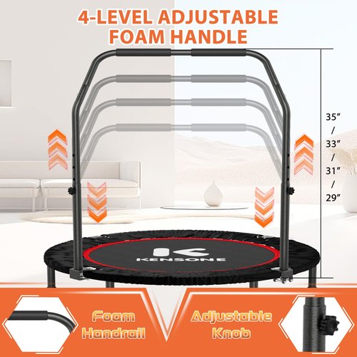 K KENSONE 40??Mini Trampoline for Adults with Purple Resistance Band, Fitness Rebounder for Indoor Workout with Adjustable Foam Handle, Small Home Exercise Equipment, Max Load 330lbs