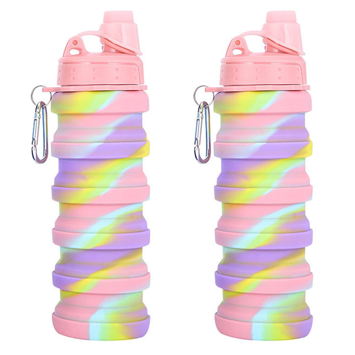 YCTMALL Collapsible Water Bottles Two Pack Travel Sports Portable Sport Water Bottle comes with mountaineering Buckle 500ml silicone Water-proof camping water bottle (Pink camouflage+Pink camouflage)