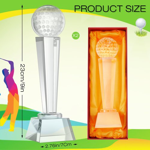 Meooeck 2 Pcs 9x2.8'' Crystal Glass Trophy with Gift Box Large Trophy Award Glass Paperweight Tournament Table Desktop Decor (Golf)