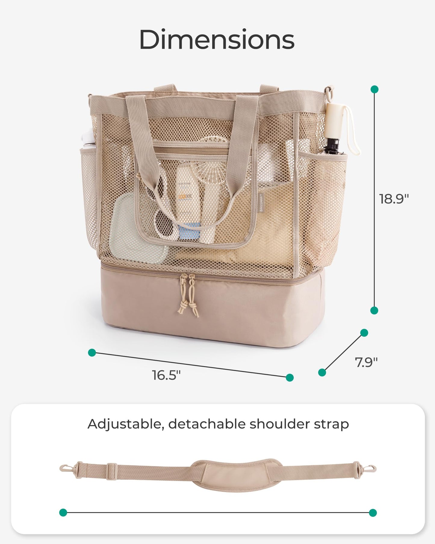 BAGSMART Beach Bag for Women, Mesh Tote Bags with Zipper, Sandproof Vacation Essentials with Cooler for Swim Cruise Pool, Camel