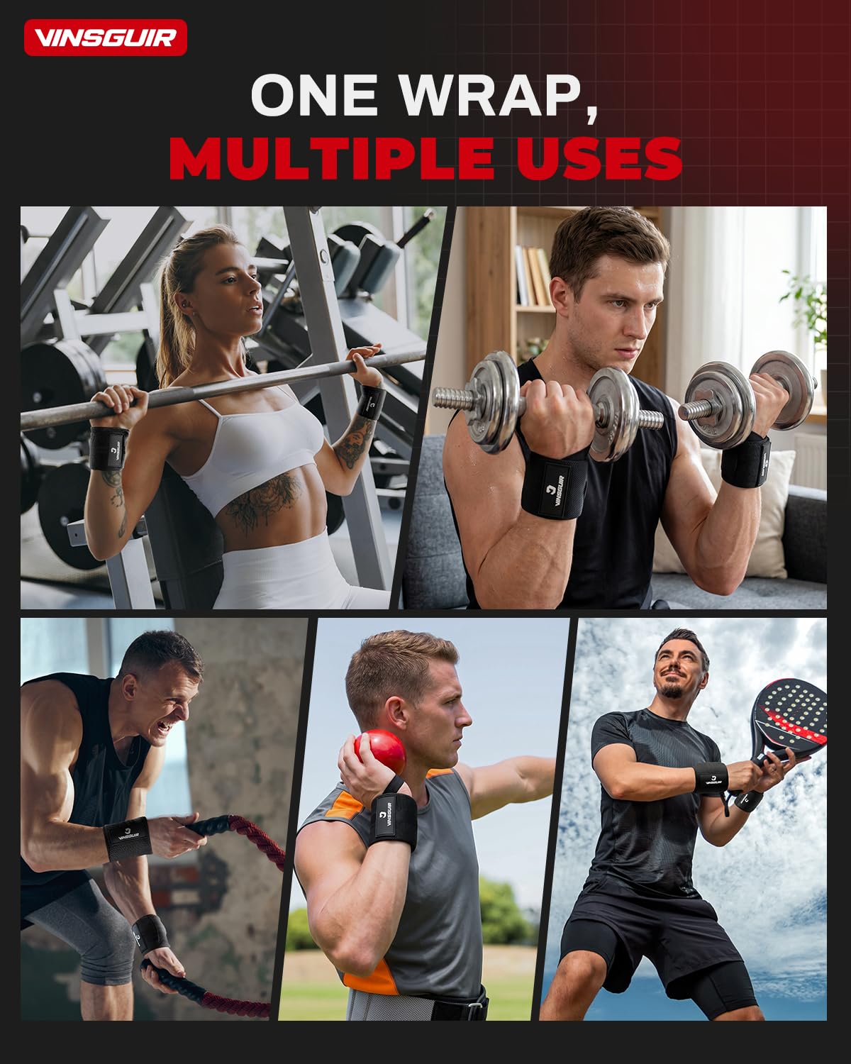 VINSGUIR Wrist Wraps for Weightlifting, [USPA Approved] Lifting Straps for Wrist Support with Heavy Duty Thumb Loop, Gym Wrist Brace for Working Out, Crossfit, Powerlifting, for Men&Women